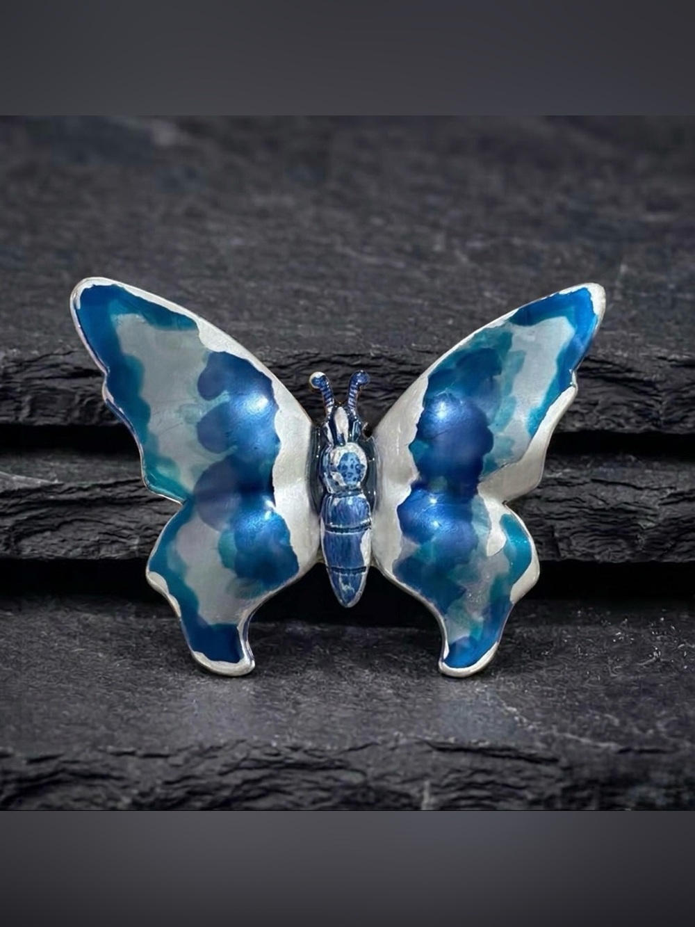 Vintage 50s Germany Blue Watercolor Enamel 3D Double Layer Butterfly Brooch